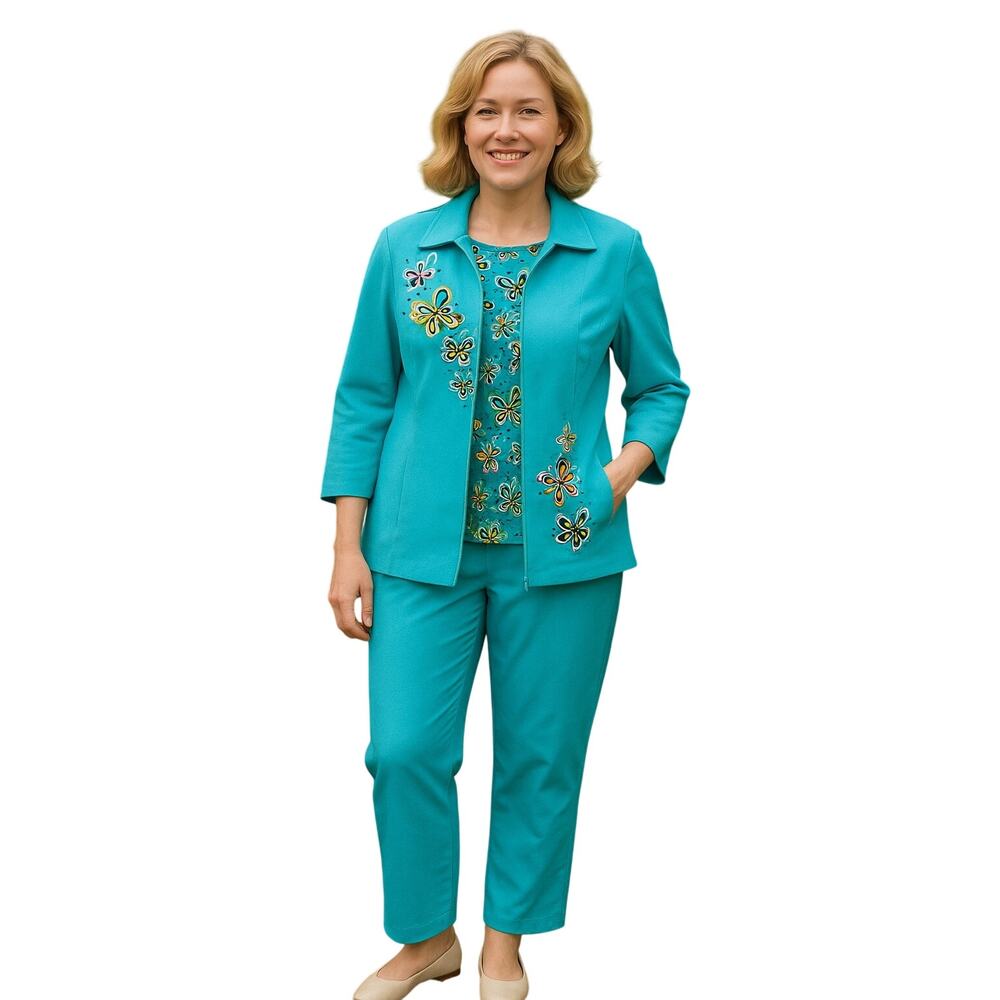 Bob Mackie Wearable Art 3 Piece Set Jacket Pants Top Butterfly Embroidery Med